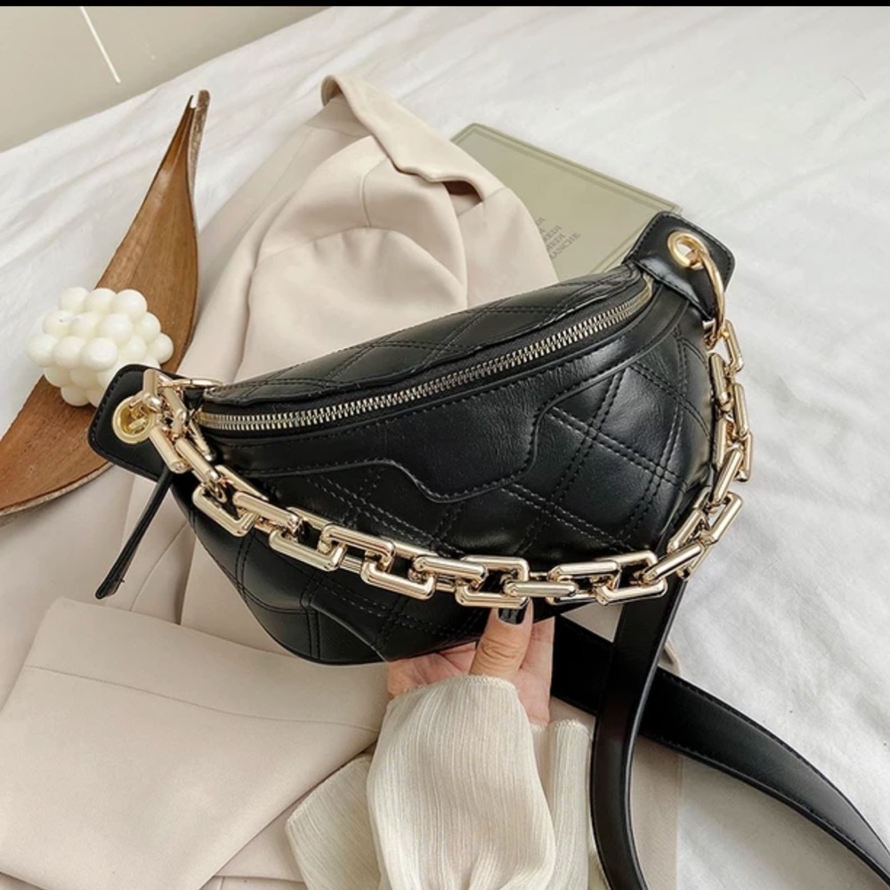 crossbody crescent bag sling Gold black adjustable strap chain detail